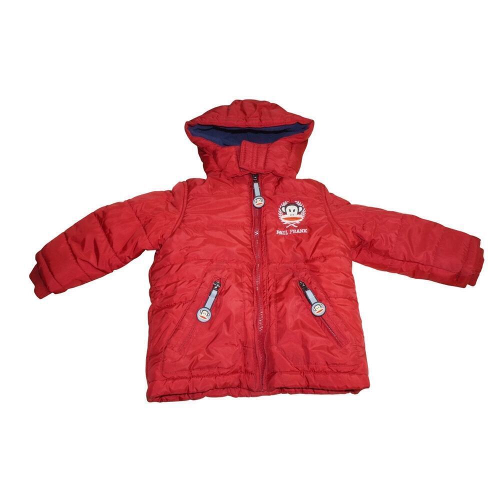 Paul Frank Baby Puffer Jacket 18M Red Hooded Winter Coat Fleece Lined Monkey Log